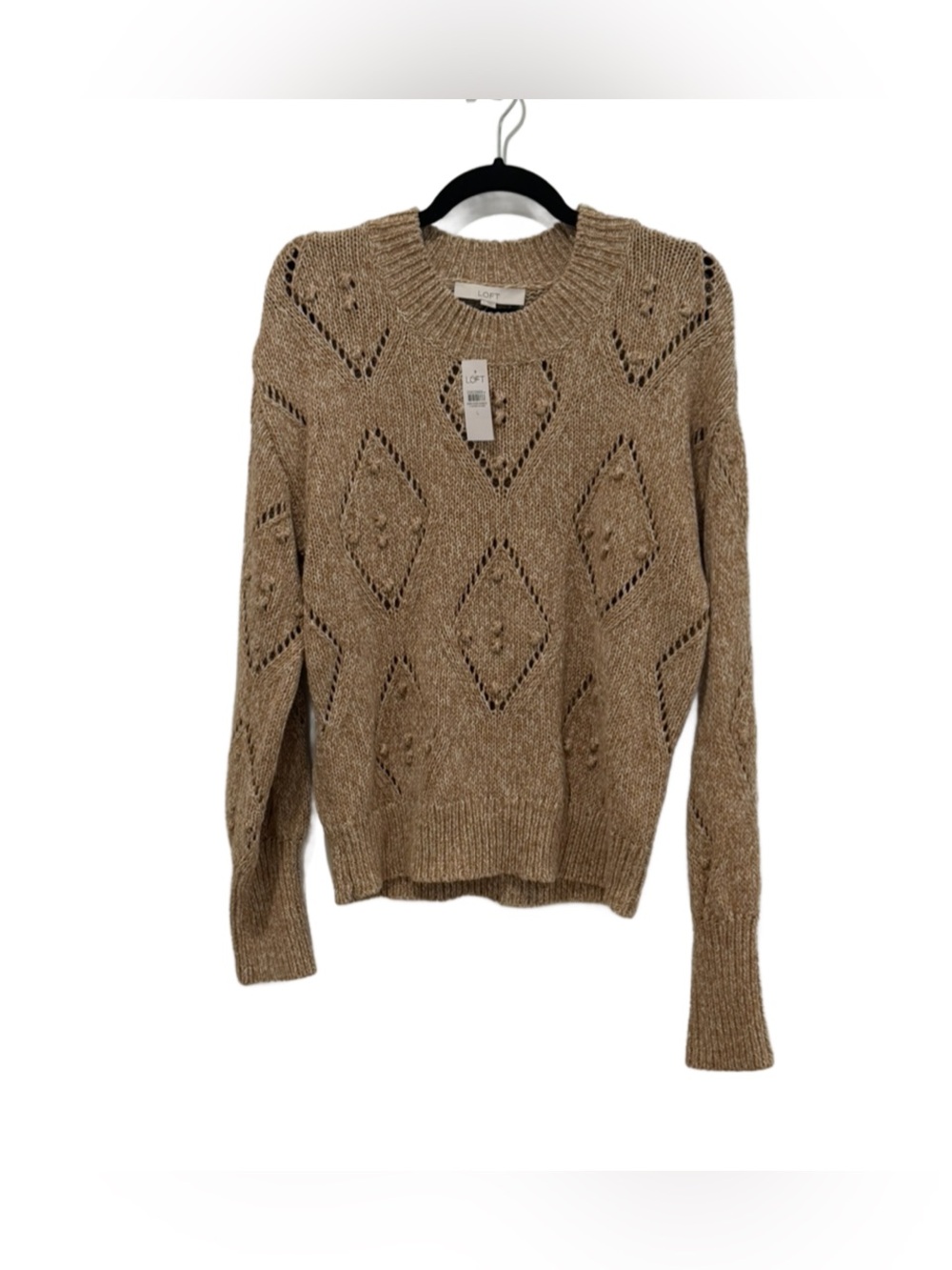 LOFT Tan Openwork Diamond Knit Crewneck Sweater LG NWT
